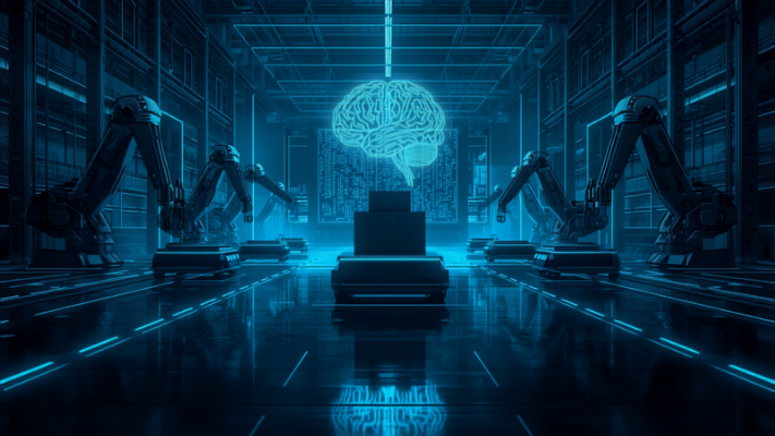 Industrial AI lab with robotic arm and holographic brain interface