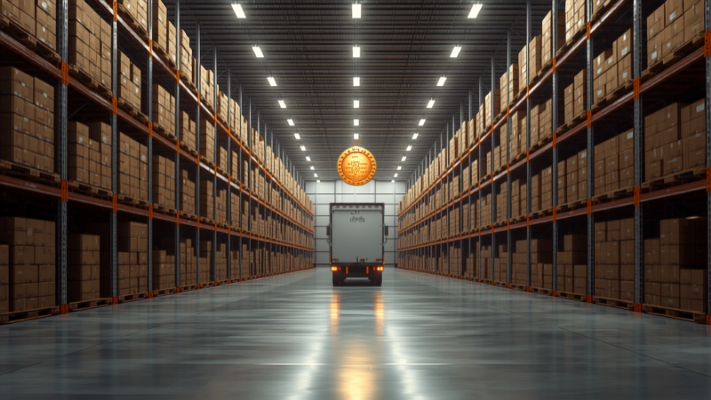 Industrial warehouse aisle with a forklift moving goods