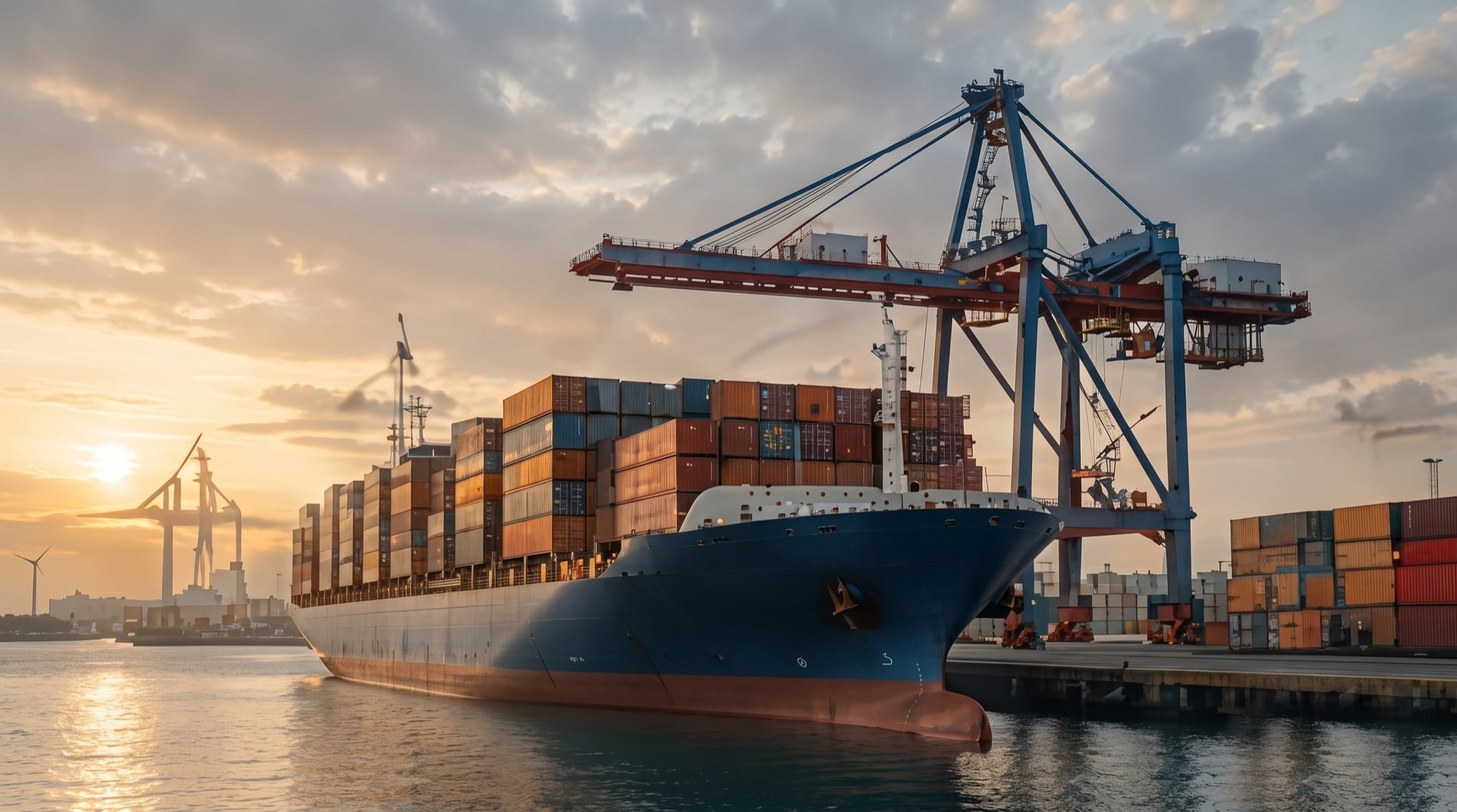 Container ship at sunset symbolising European distribution