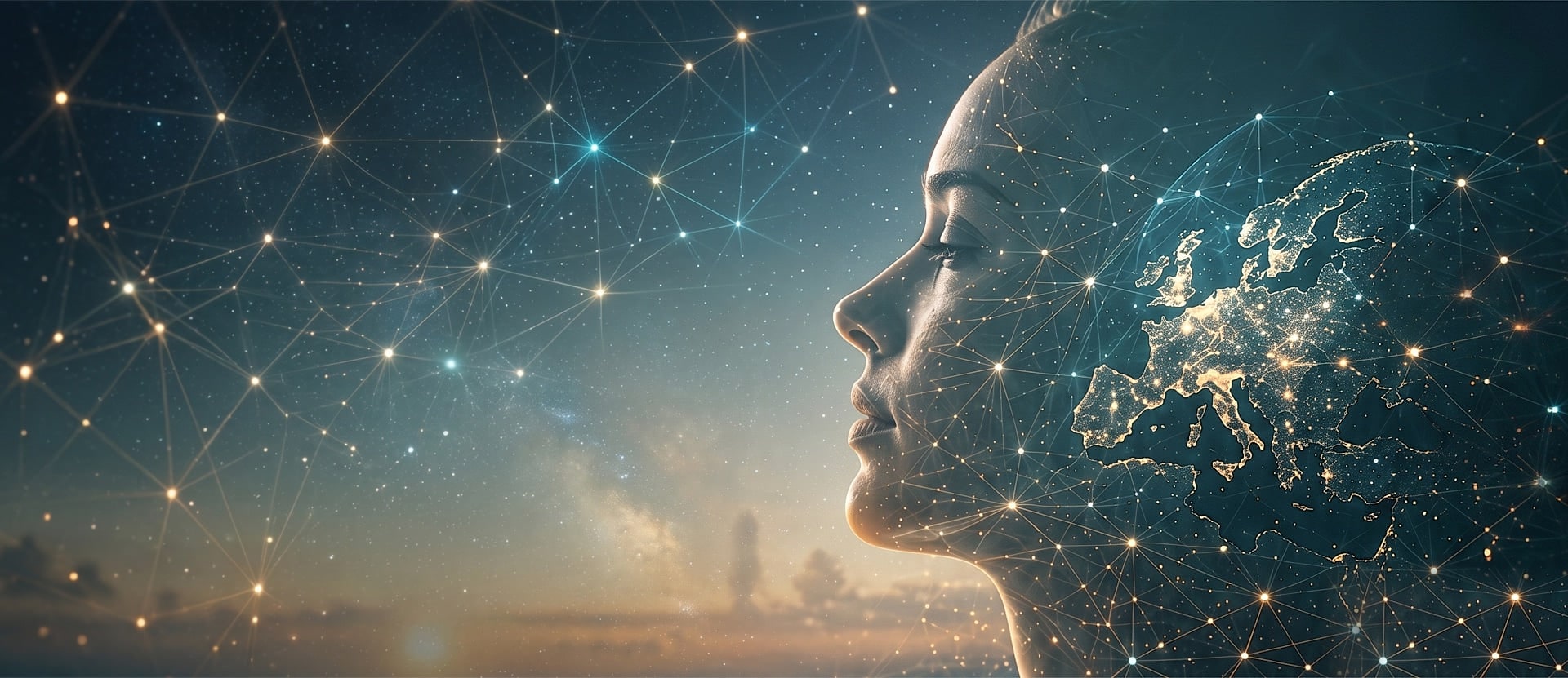 Profile of an illuminated face composed of network nodes with Europe map