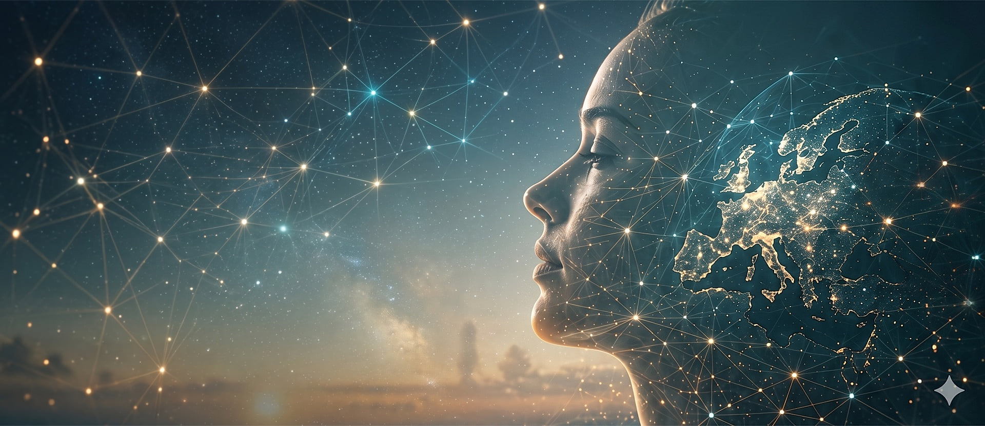 Profile of an illuminated face composed of network nodes with Europe map