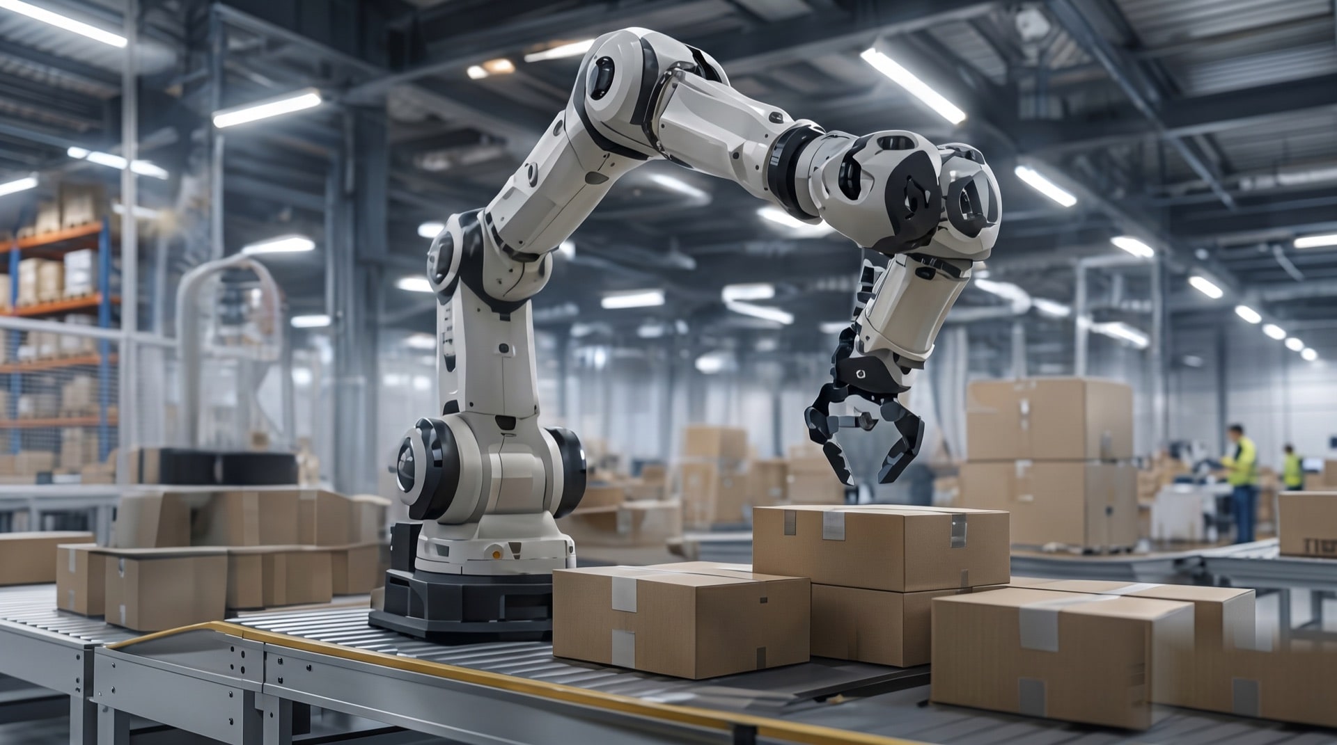 Robotic arm sorting boxes in a smart warehouse