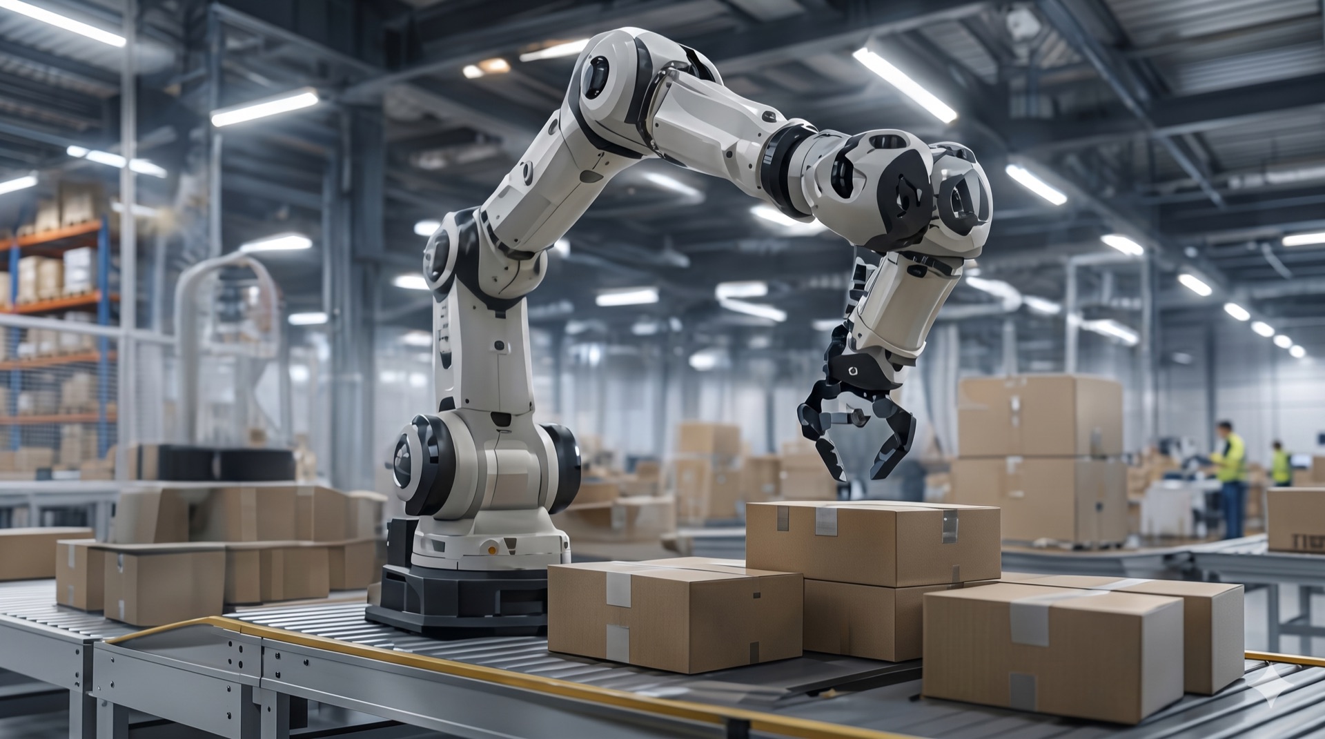 Robotic arm sorting boxes in a smart warehouse