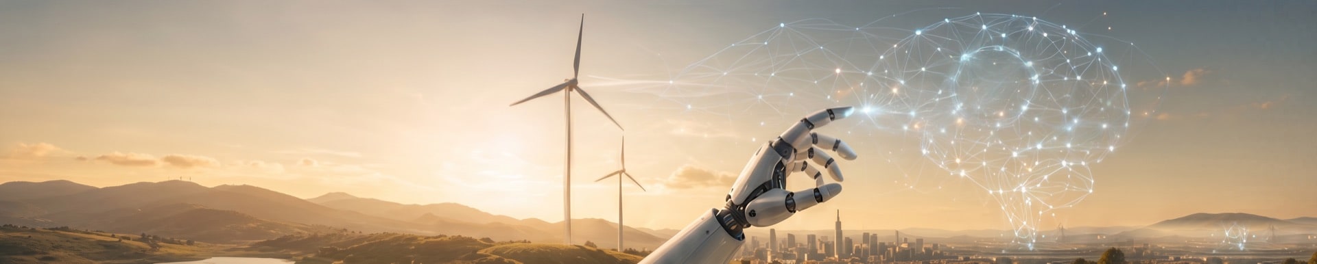 Wind turbines at sunset with a robotic hand reaching toward an AI brain network