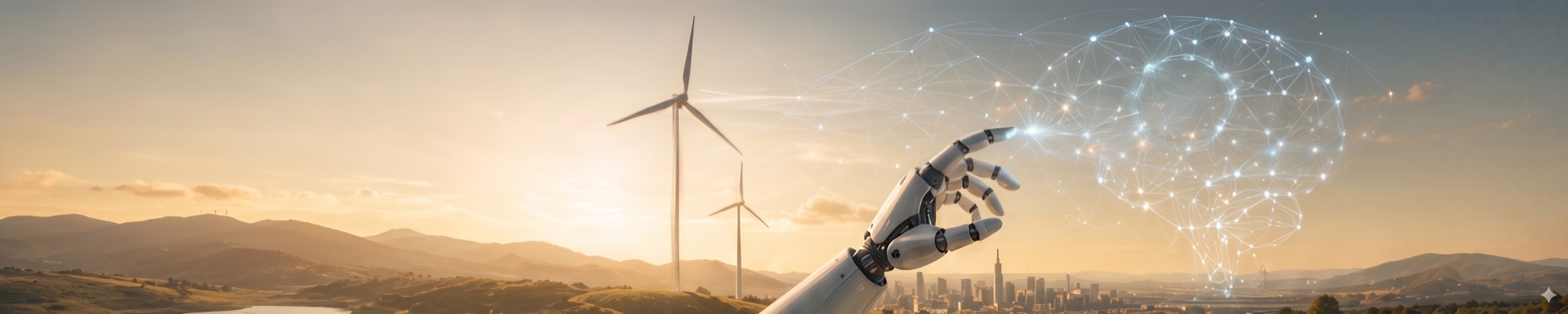 Wind turbines at sunset with a robotic hand reaching toward an AI brain network