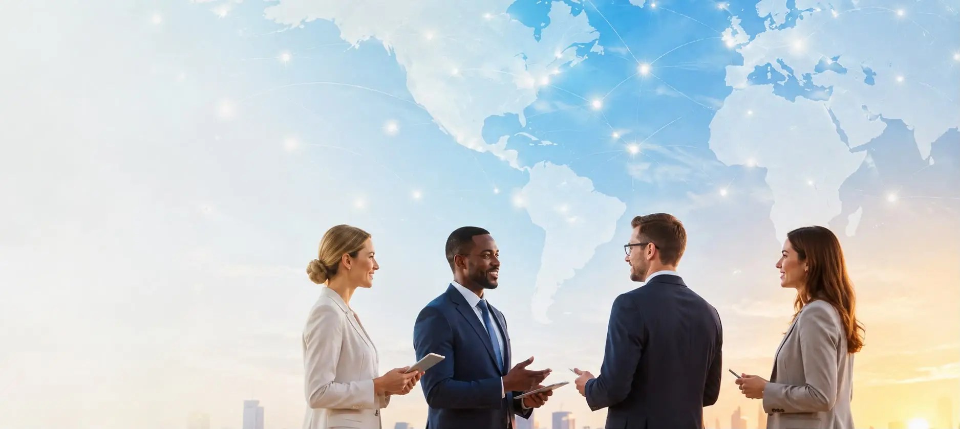 Team of business professionals overlooking a global network skyline