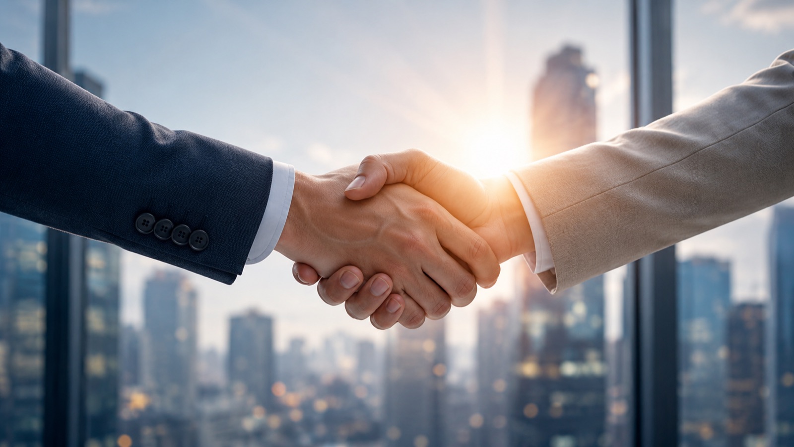 Two business people shaking hands with city skyline behind