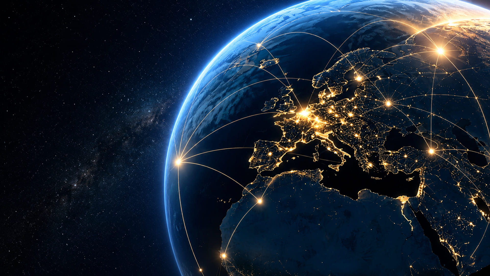 Earth from space at night with Europe lit up in gold and a network of glowing arcs connecting cities across continents