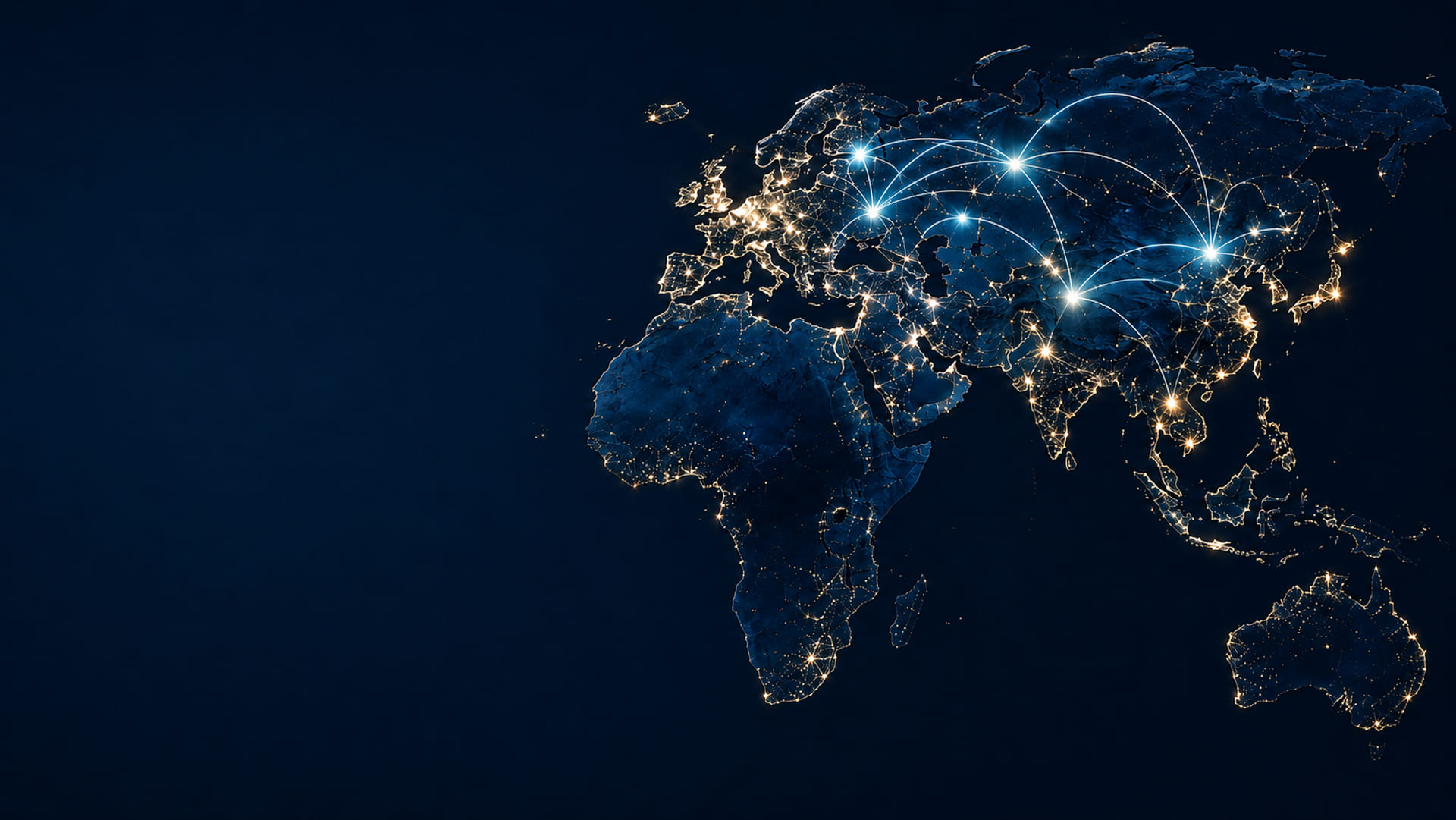Dark-navy world map at night with the European city grid lit gold and blue network arcs spanning continents