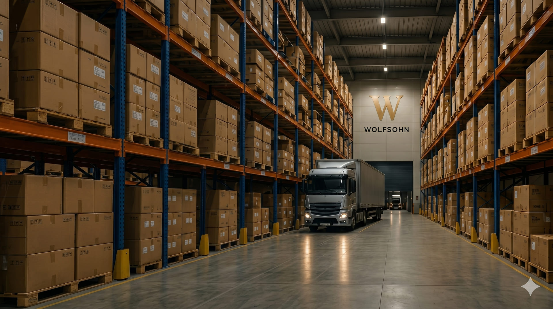 Industrial warehouse aisle with a forklift moving goods