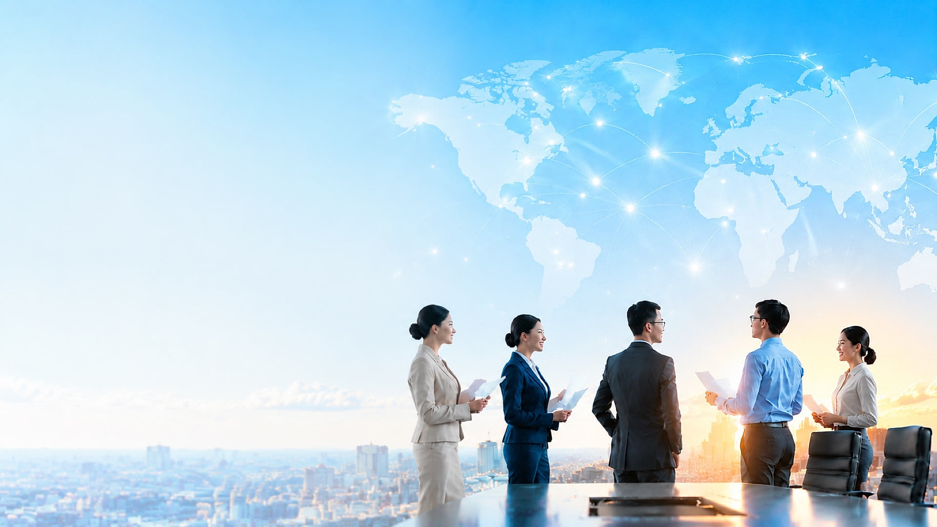 Team of business professionals overlooking a global network skyline