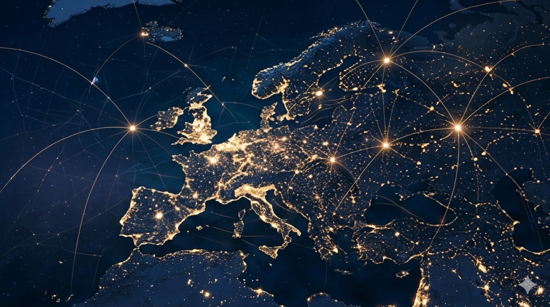 Europe at night with golden network connecting major cities