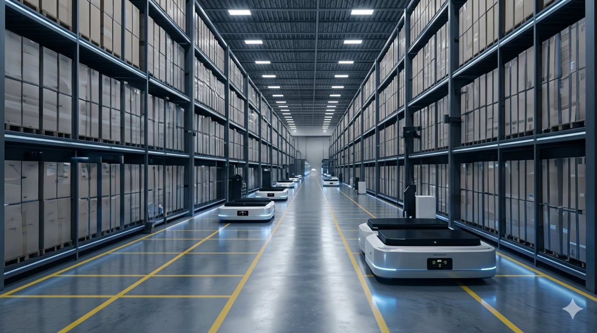 Modern warehouse aisle with autonomous mobile robots