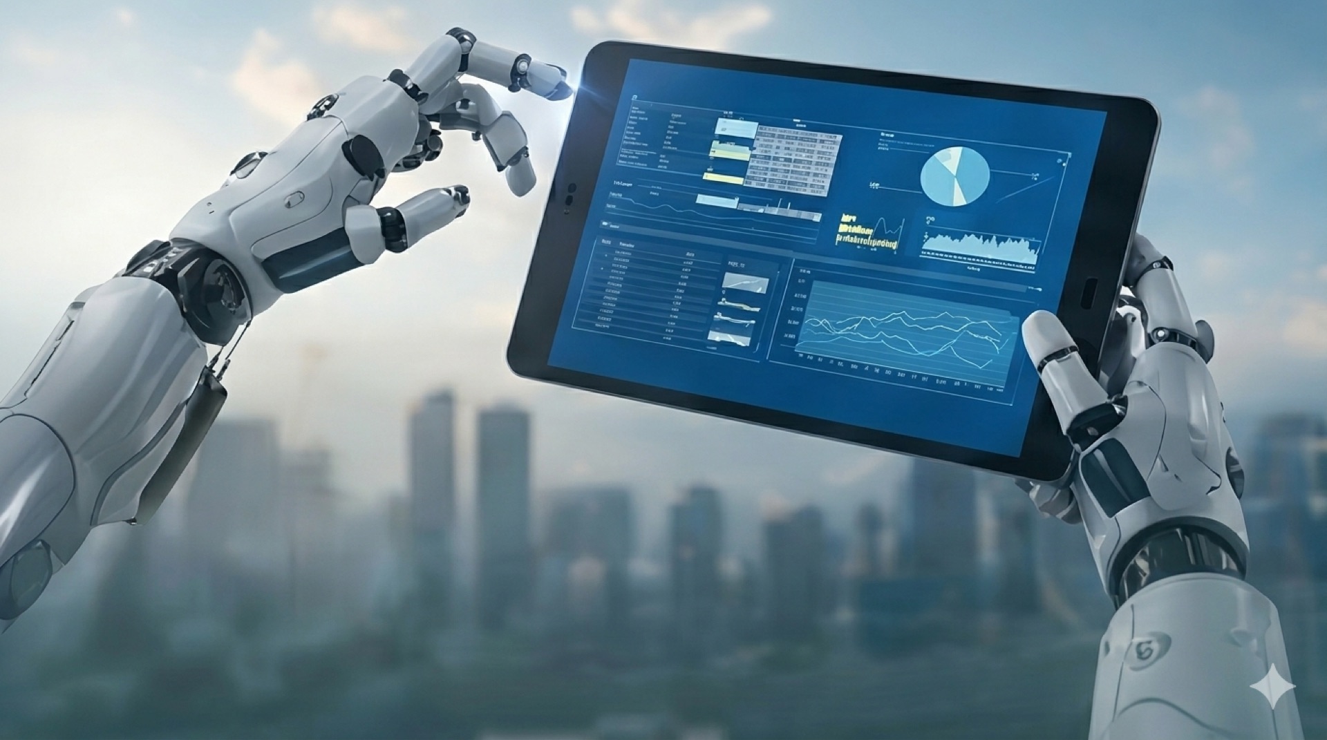 Robotic hand interacting with a tablet showing analytics dashboards