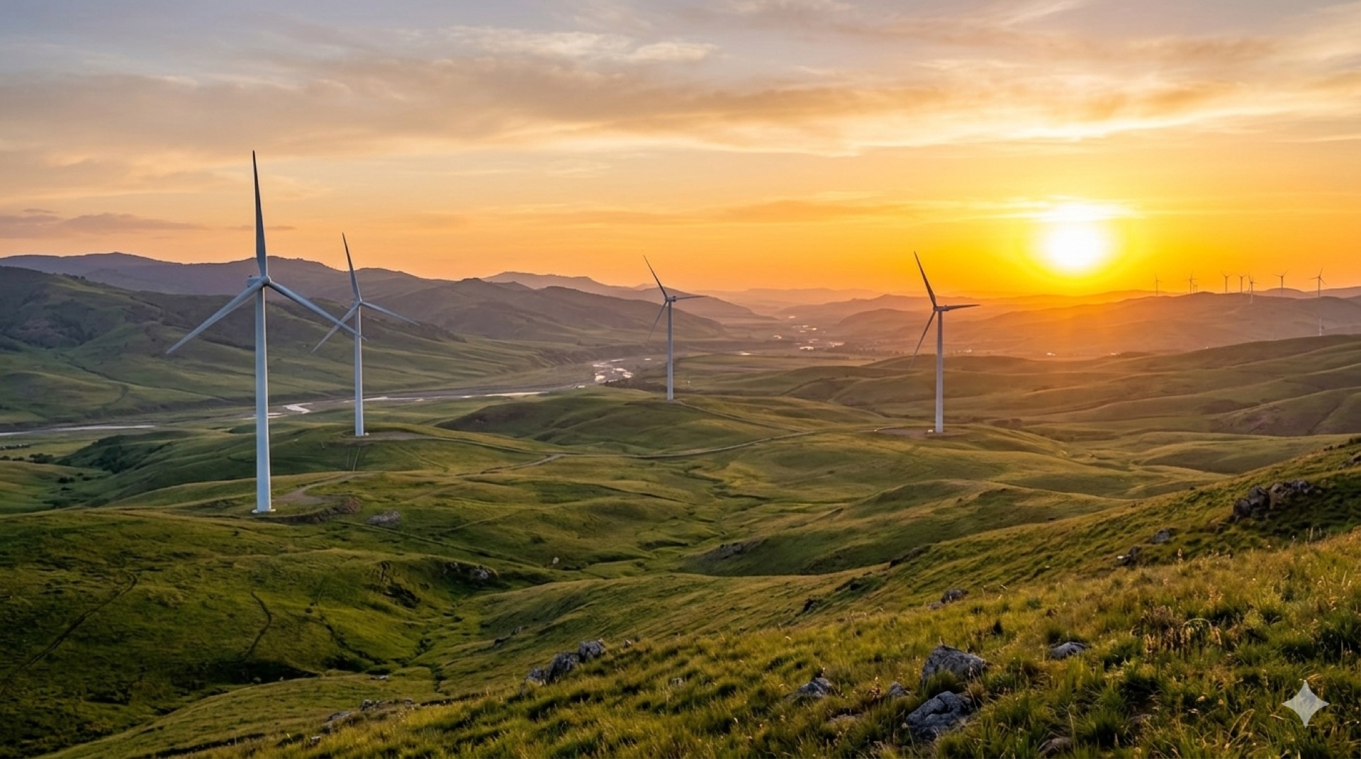 Wind turbines on green hills at sunset