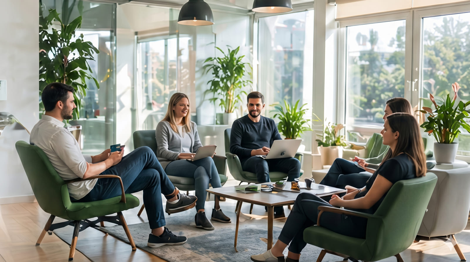 Colleagues meeting on green chairs around a coffee table in a sunlit Wolfsohn lounge