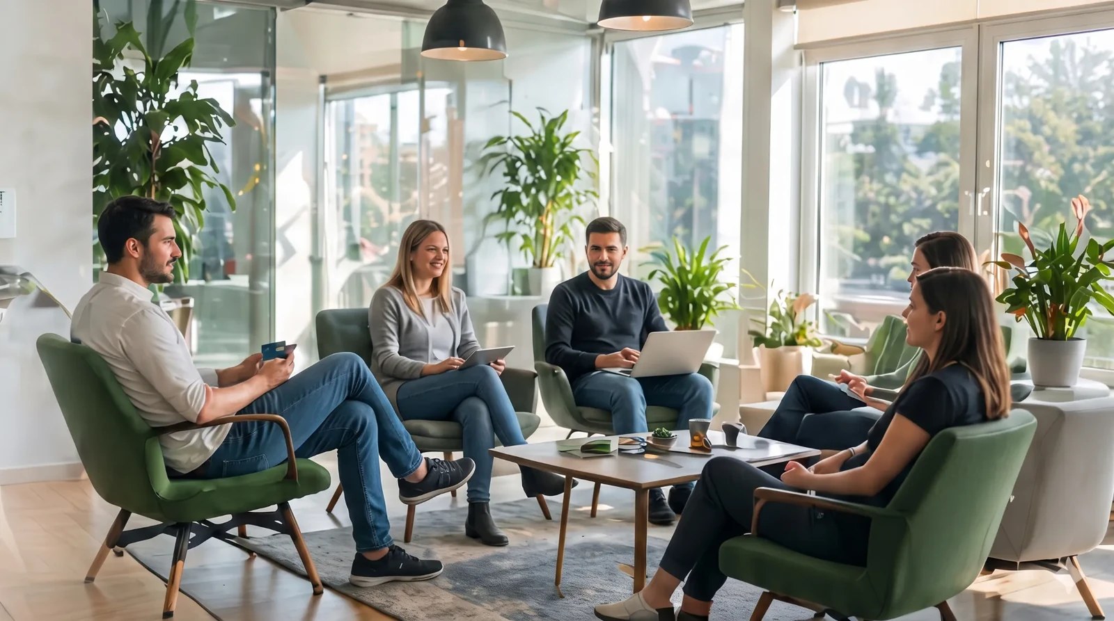Colleagues meeting on green chairs around a coffee table in a sunlit Wolfsohn lounge