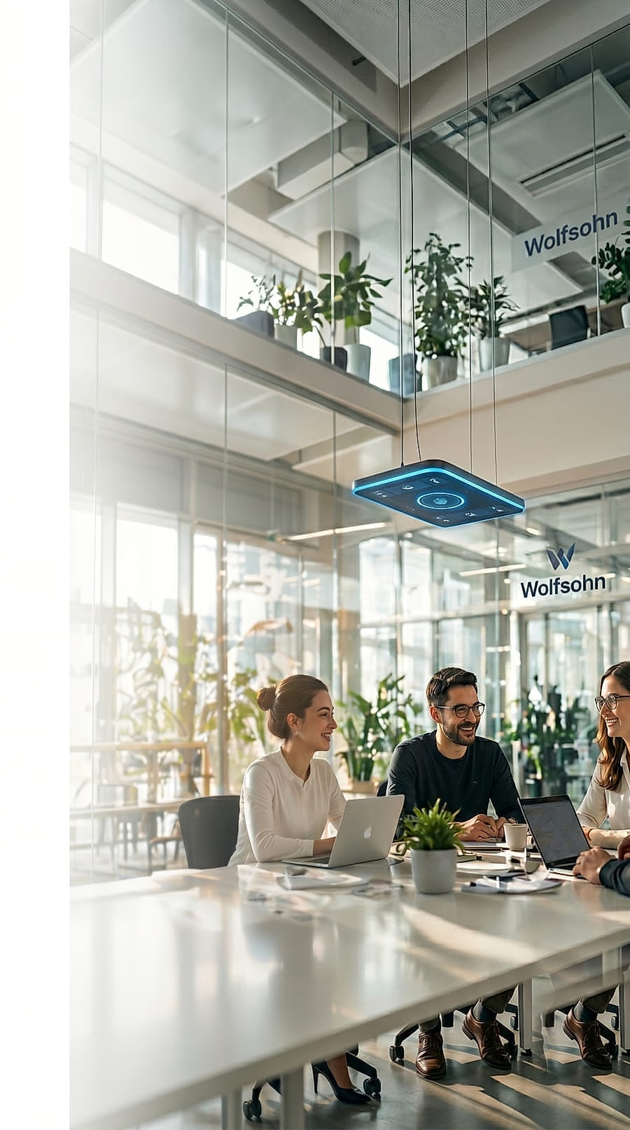 Wolfsohn team meeting in a bright modern office, collaborating under a branded ceiling panel