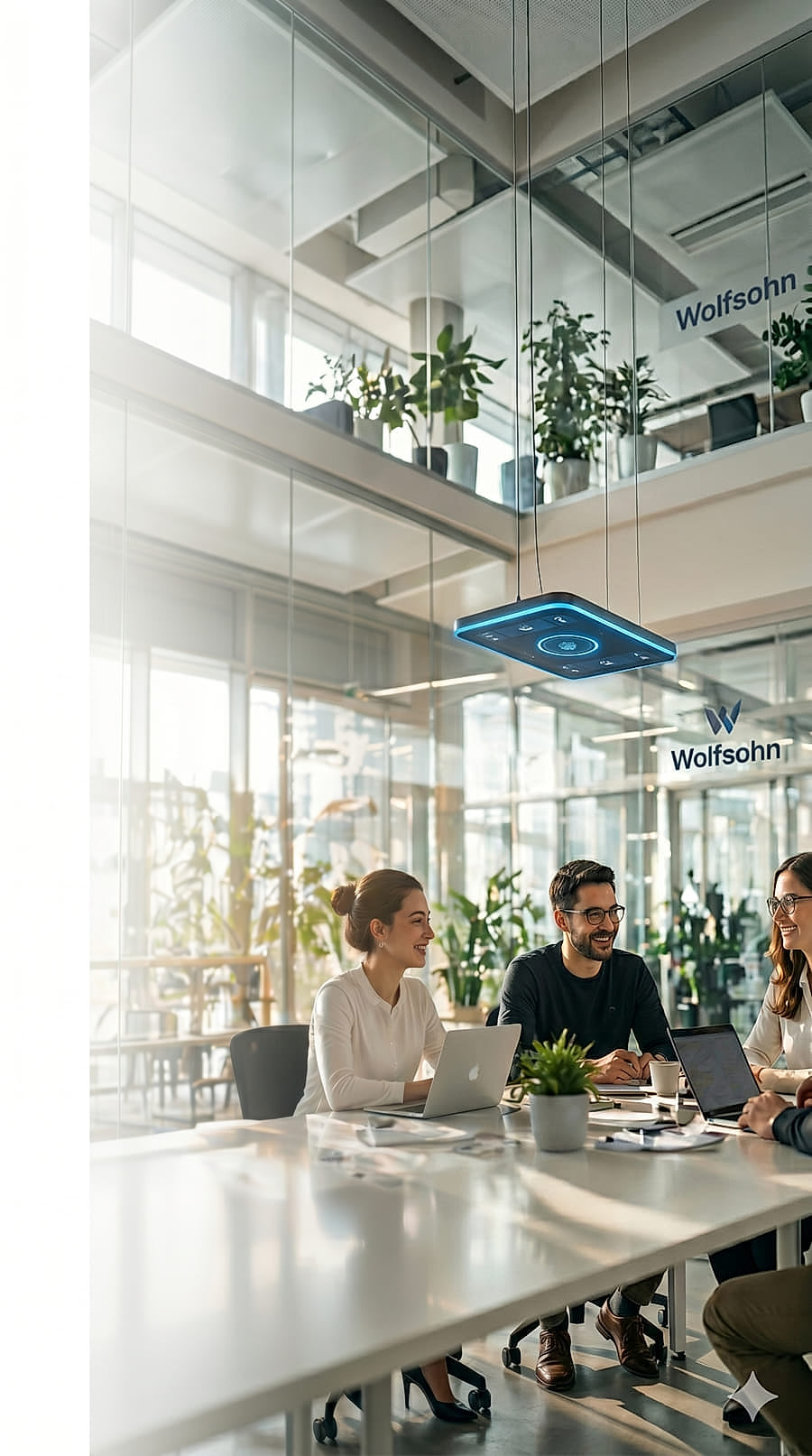 Wolfsohn team meeting in a bright modern office, collaborating under a branded ceiling panel