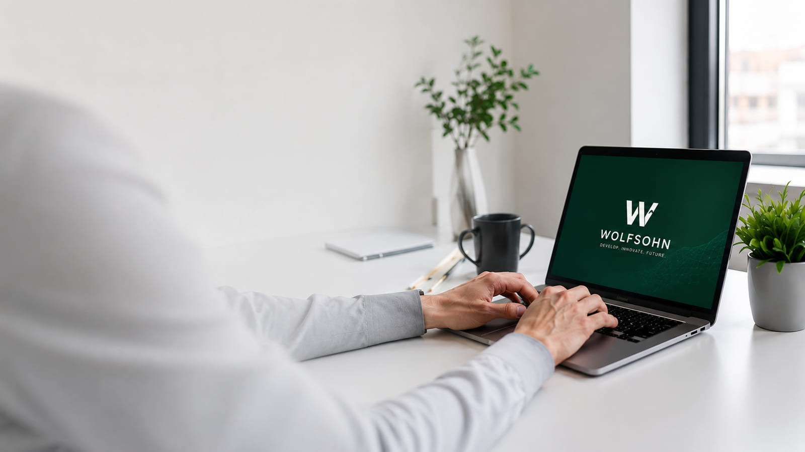 Person typing on a laptop showing the WOLFSOHN brand mark in a bright office