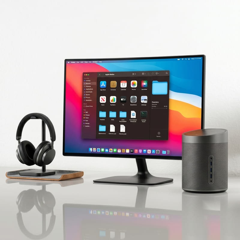 Monitor, over-ear headphones and a wireless speaker arranged on a white desk