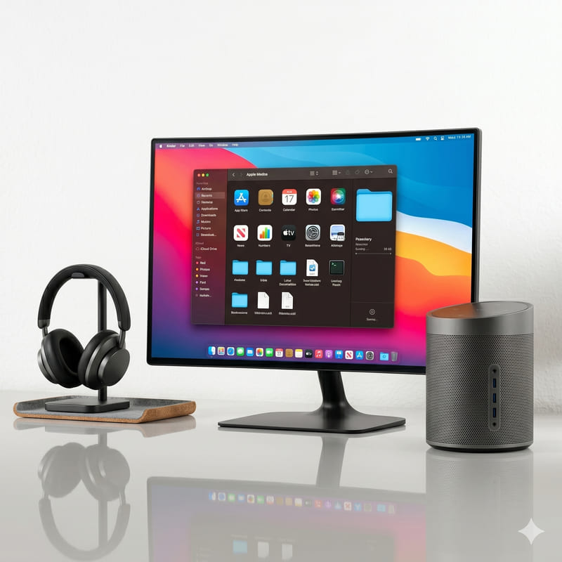Monitor, over-ear headphones and a wireless speaker arranged on a white desk