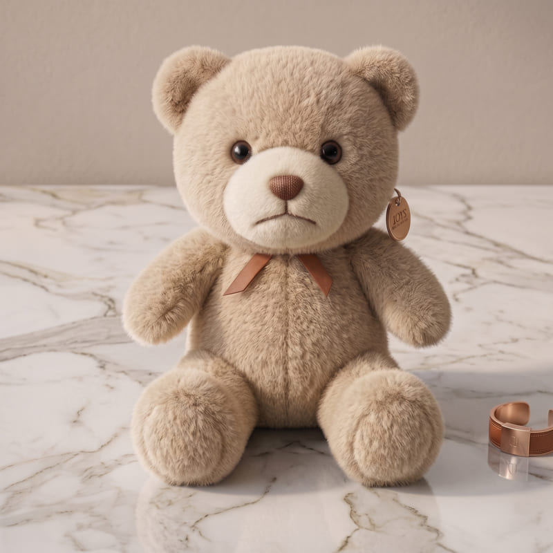 Soft beige teddy bear with a ribbon — toy + lifestyle product still life