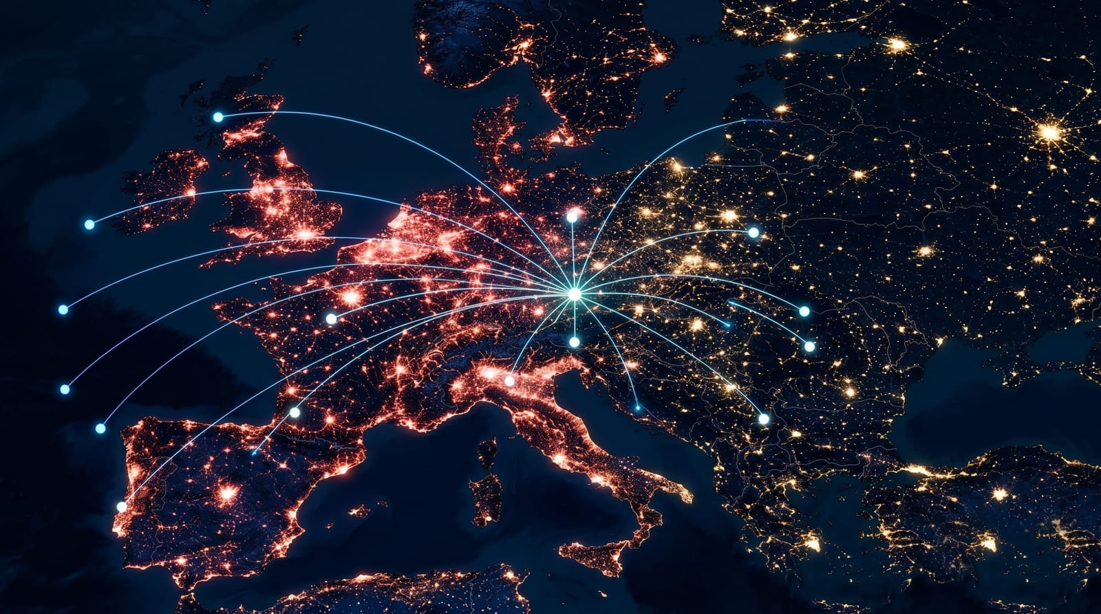 Night-view map of Europe with the Wolfsohn central distribution hub radiating blue connection arcs to major partner cities