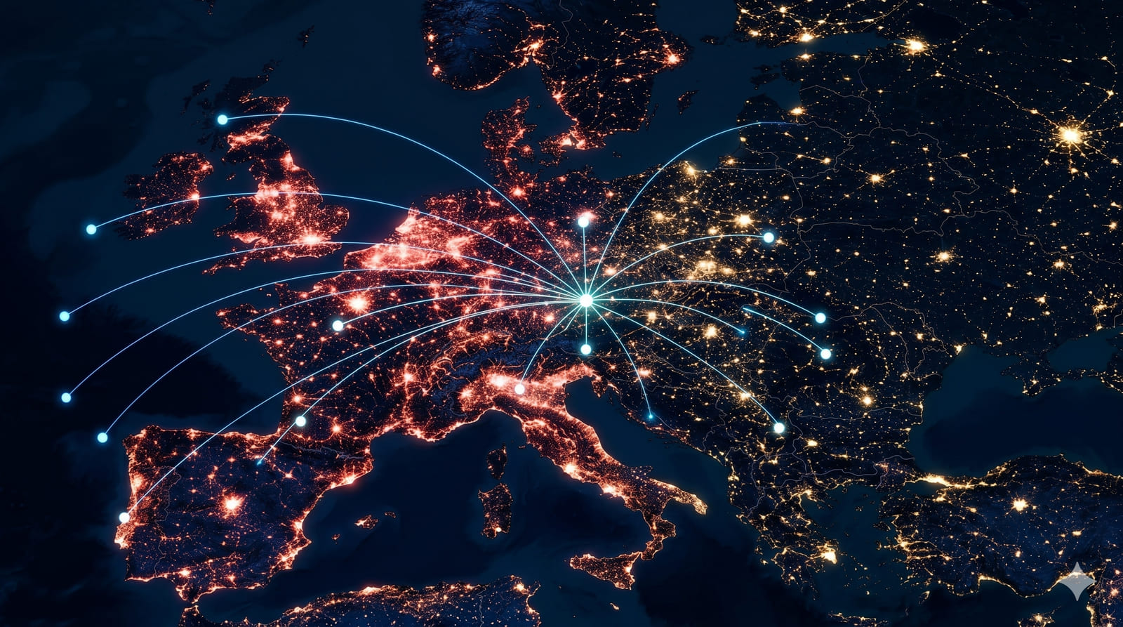 Night-view map of Europe with the Wolfsohn central distribution hub radiating blue connection arcs to major partner cities