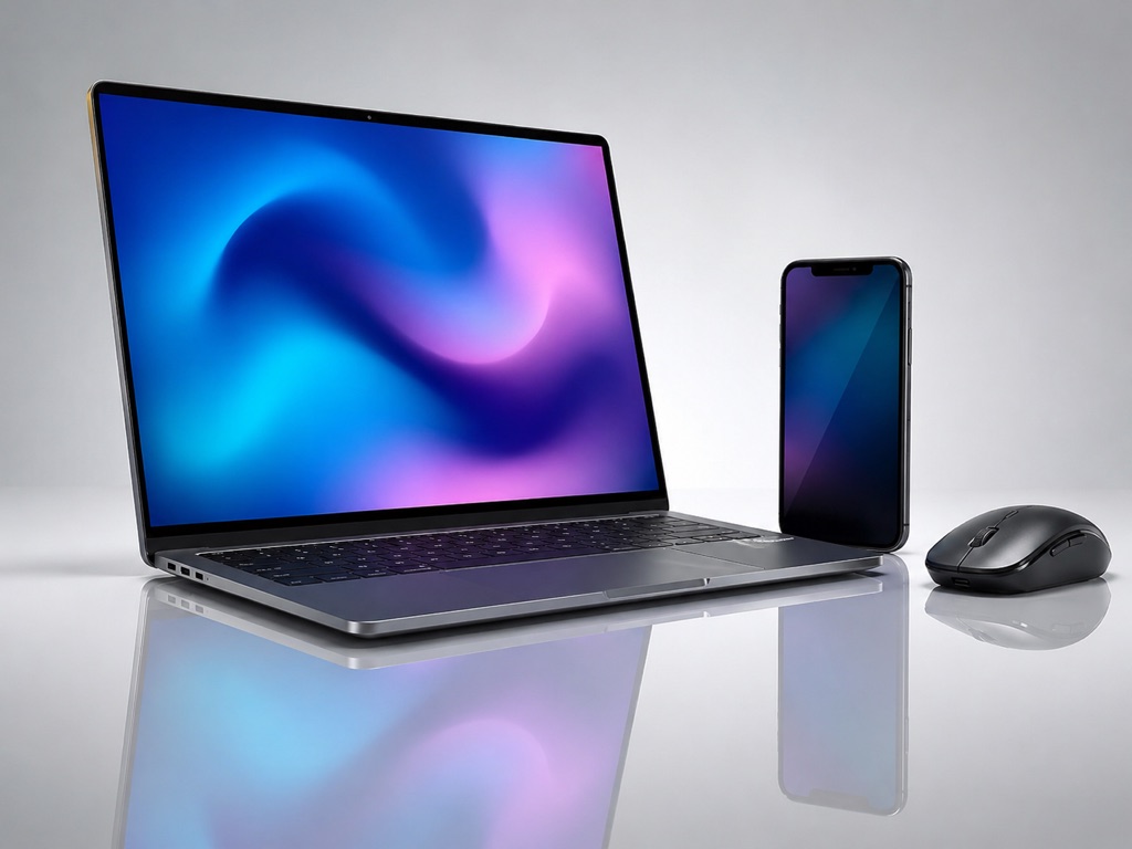 Laptop, smartphone and wireless mouse