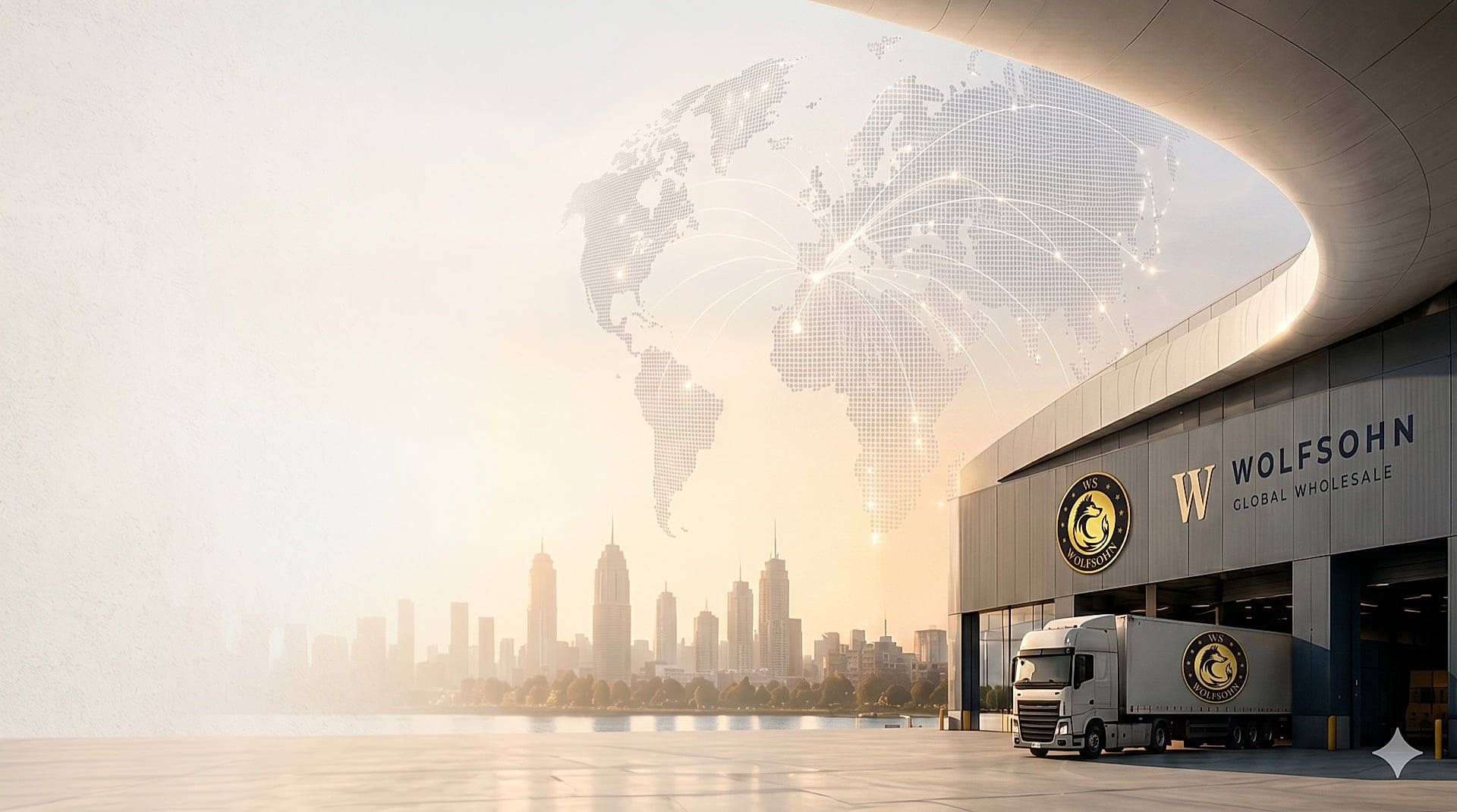 Wolfsohn warehouse with delivery truck and city sunset behind