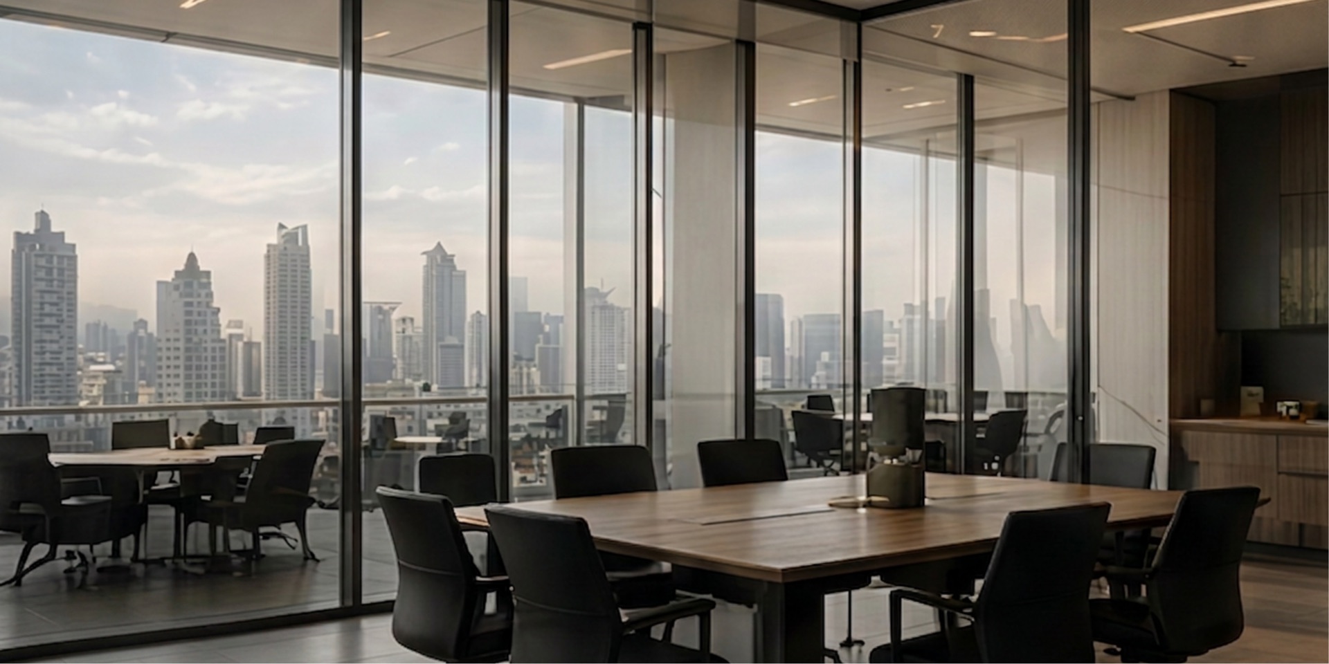 Glass-walled meeting room with a city skyline beyond