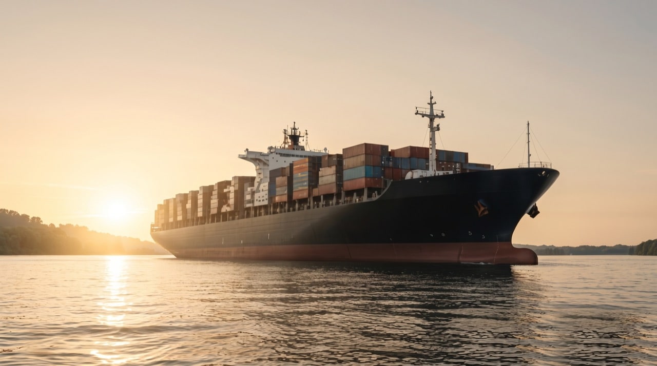 Container cargo ship at golden hour symbolising global sourcing