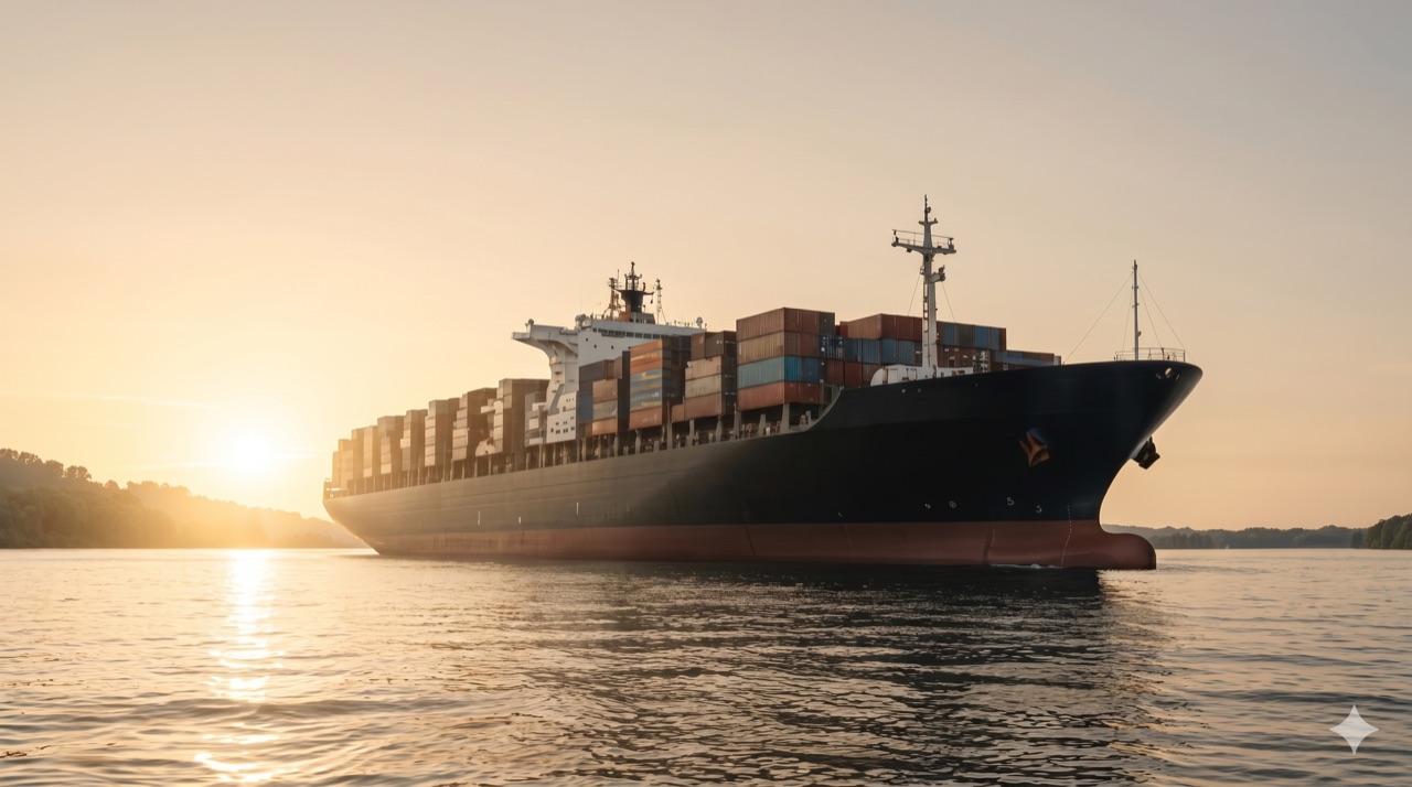Container cargo ship at golden hour symbolising global sourcing