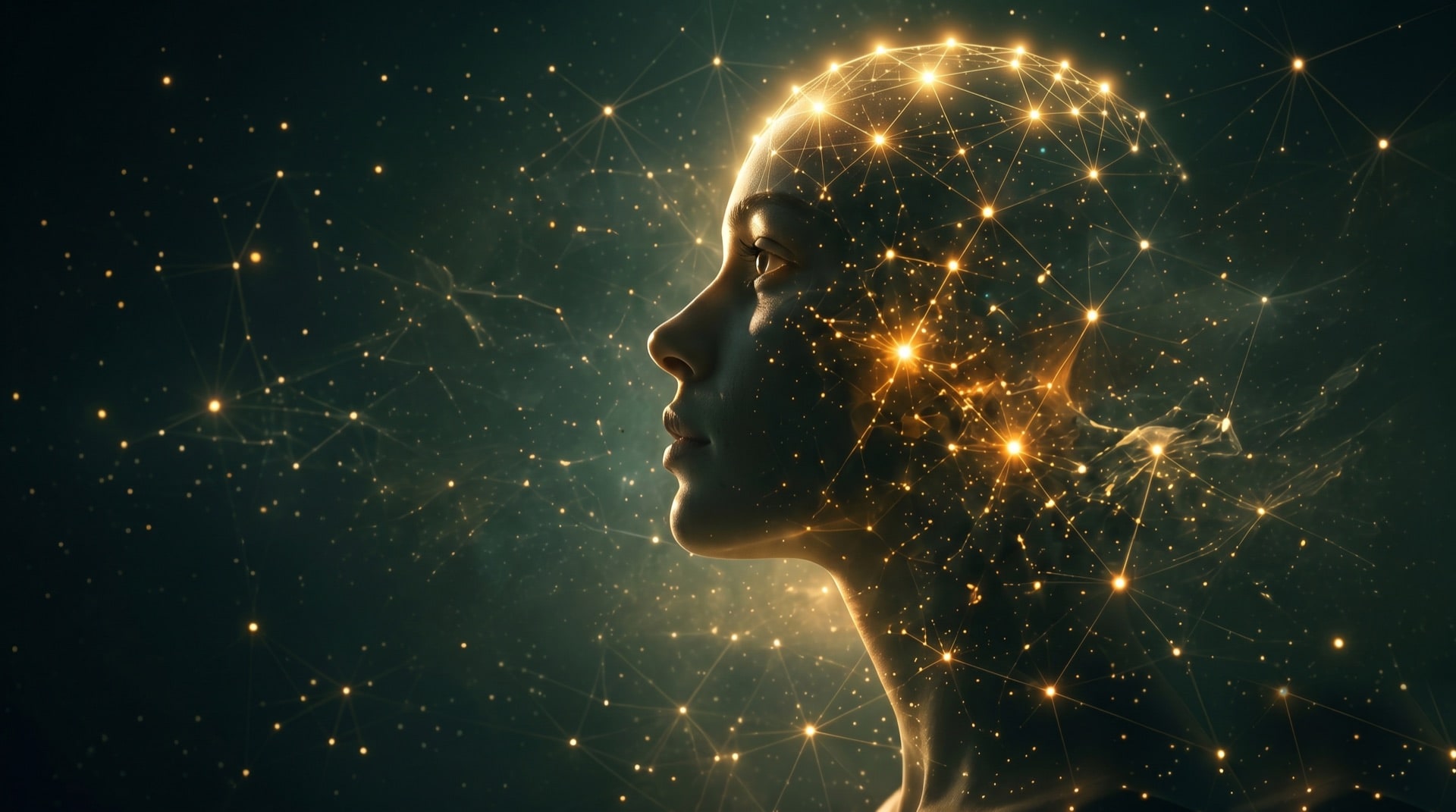 Profile of an illuminated face composed of golden network particles on dark green