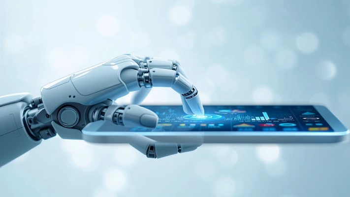 Robotic hand interacting with a tablet showing analytics dashboards