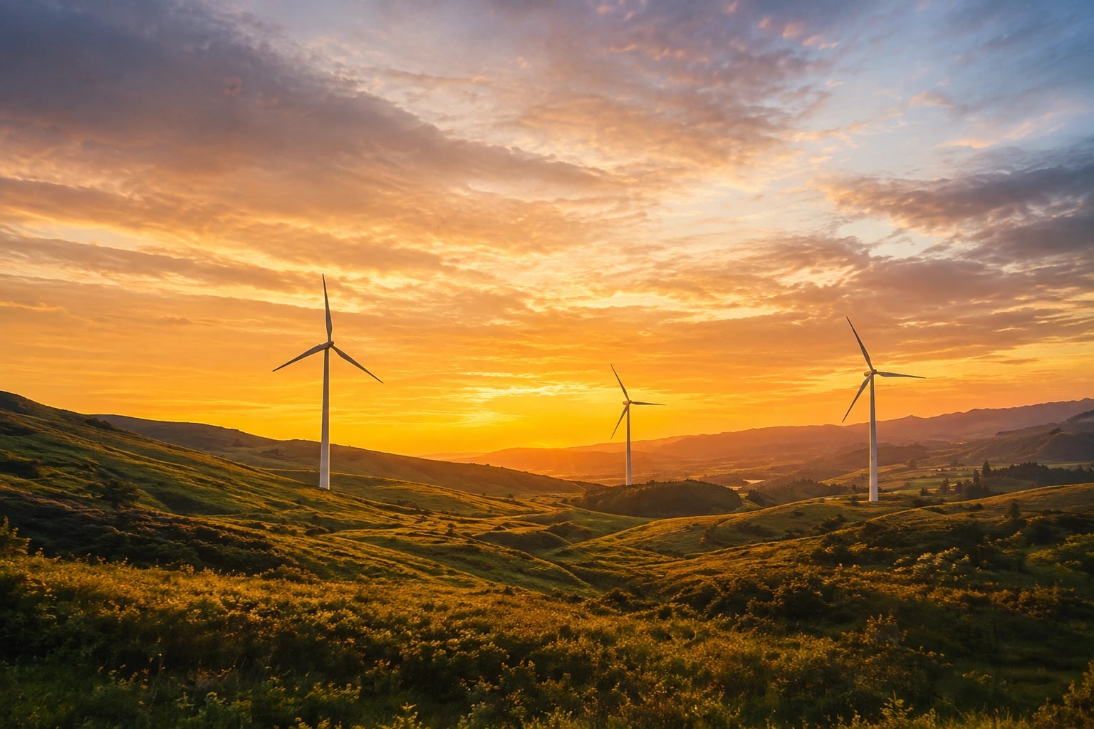Wind turbines on green hills at sunset