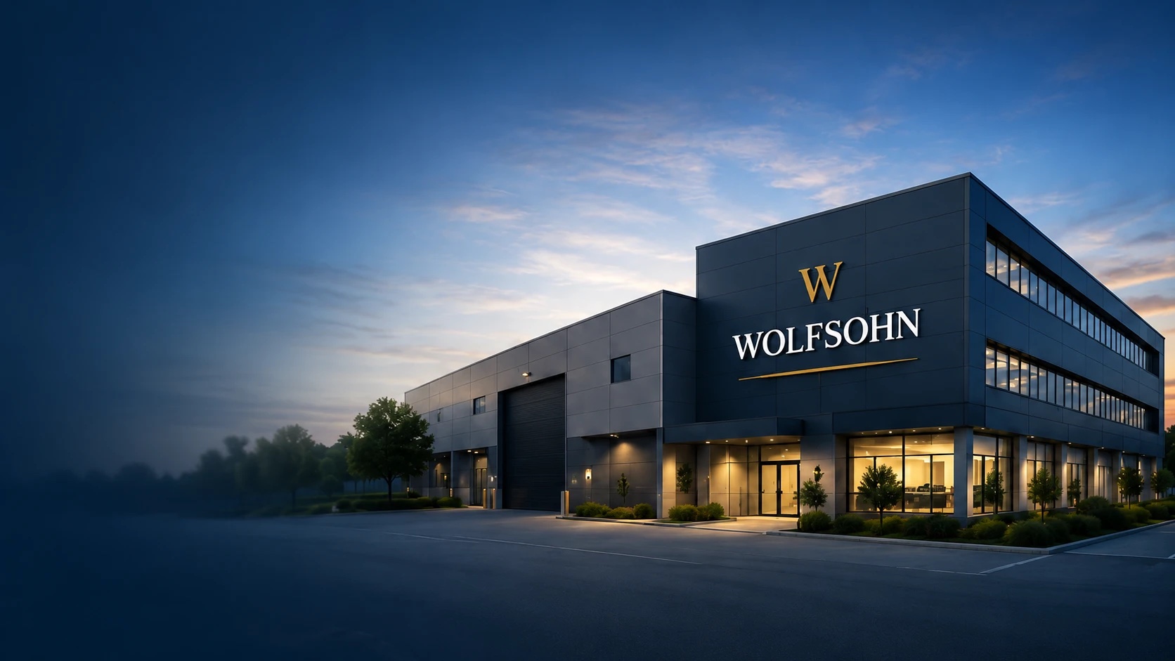 Wolfsohn headquarters building at dusk with illuminated WOLFSOHN signage