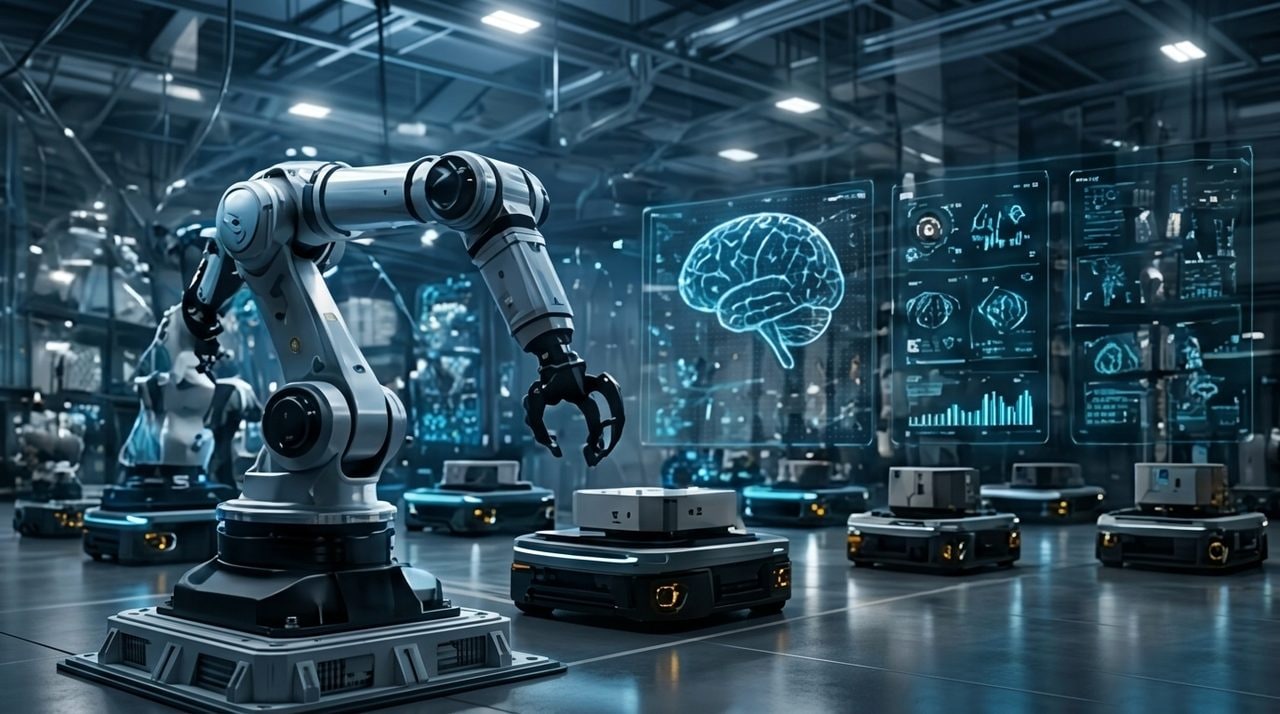 Robotic arm and autonomous transport bots in a futuristic automated warehouse with AI data displays