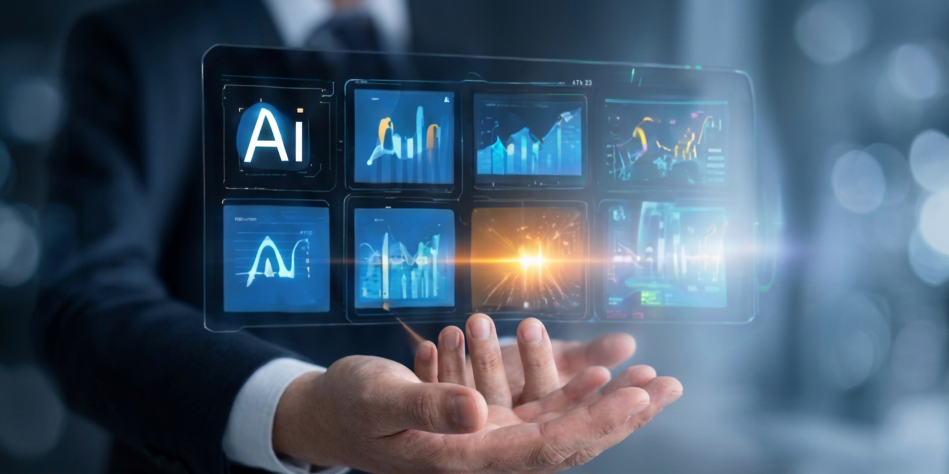 Businessman's hand holding a floating transparent tablet displaying AI dashboards, charts and analytics